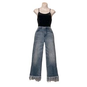 Bebe Distressed Cropped  Bohemian Fringe Hem Relaxed Distressed Blue Jeans 30